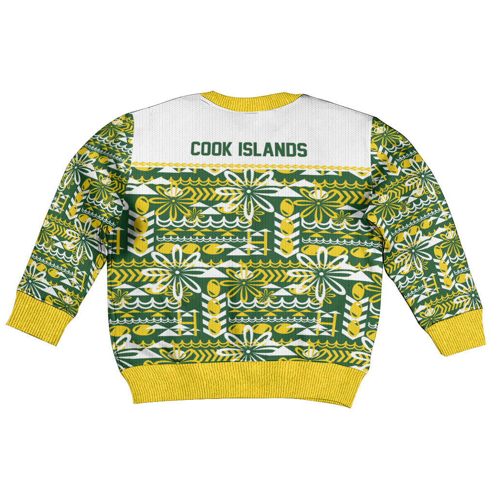 Cook Islands Island Floral Kid Ugly Christmas Sweater Green Traditional Kuki's Geometric Pattern LT9 - Polynesian Pride