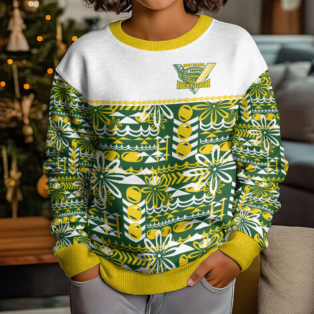 Cook Islands Island Floral Kid Ugly Christmas Sweater Green Traditional Kuki's Geometric Pattern LT9 - Polynesian Pride