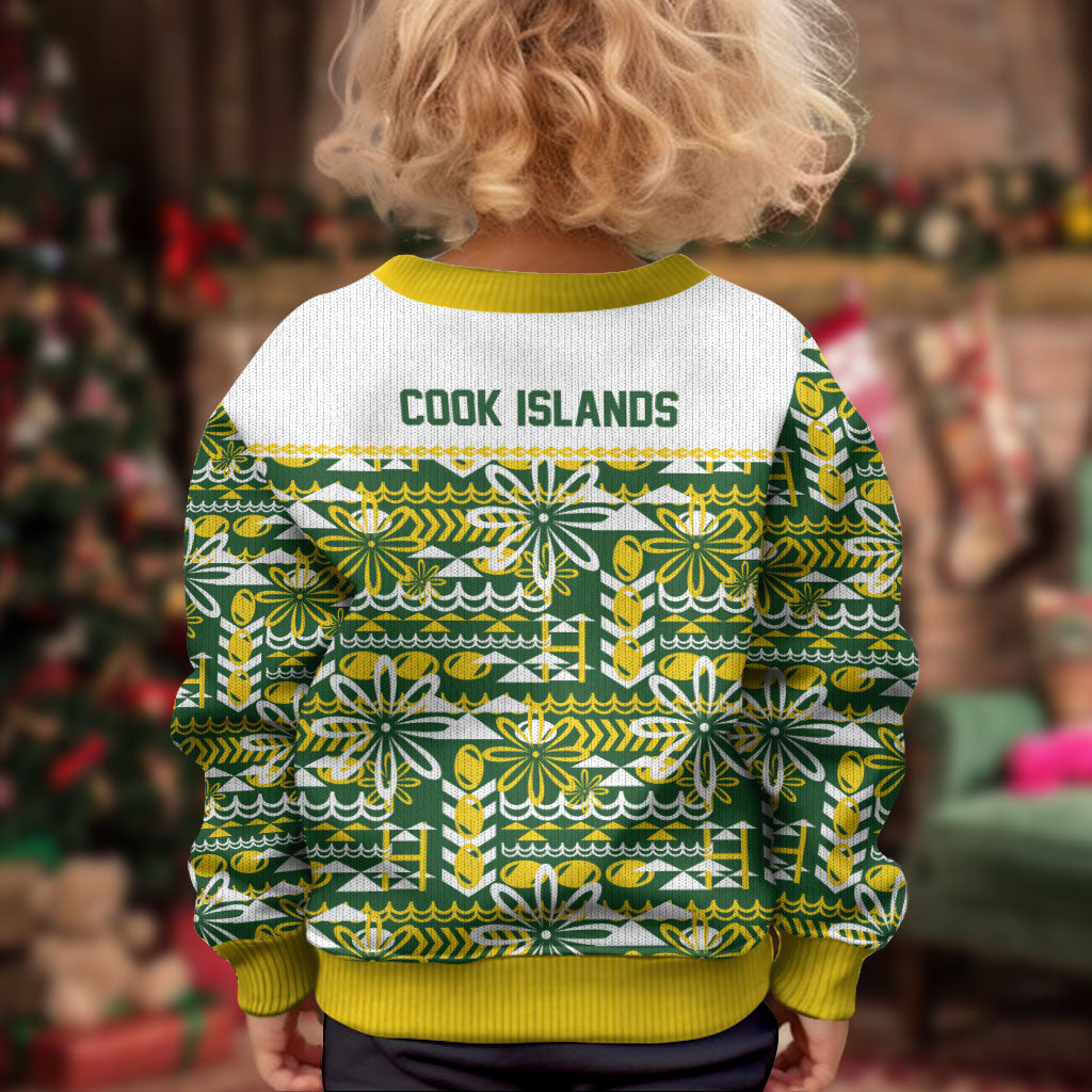 Cook Islands Island Floral Kid Ugly Christmas Sweater Green Traditional Kuki's Geometric Pattern LT9 - Polynesian Pride
