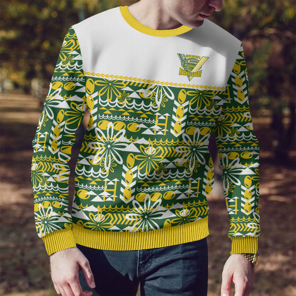 Cook Islands Island Floral Ugly Christmas Sweater Green Traditional Kuki's Geometric Pattern LT9 - Polynesian Pride
