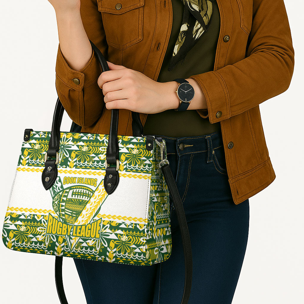 Cook Islands Island Floral Leather Bag Green Traditional Kuki's Geometric Pattern LT9 - Polynesian Pride