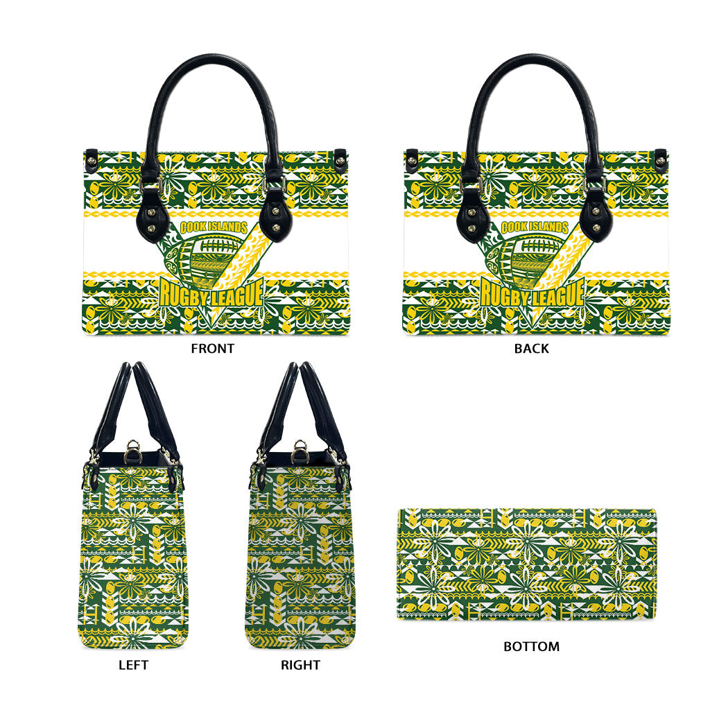 Cook Islands Island Floral Leather Bag Green Traditional Kuki's Geometric Pattern LT9 - Polynesian Pride