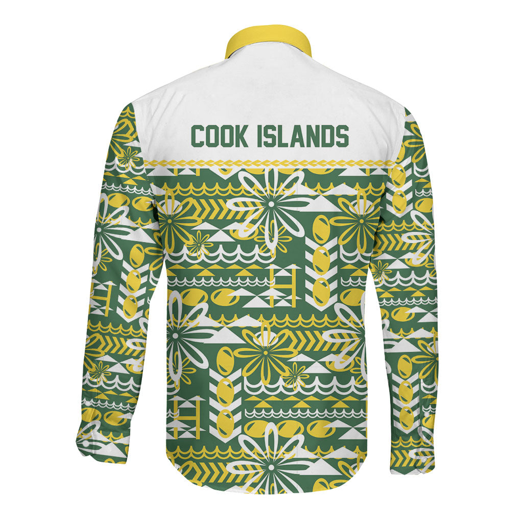 Cook Islands Island Floral Long Sleeve Button Shirt Green Traditional Kuki's Geometric Pattern LT9 - Polynesian Pride