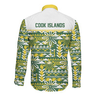 Cook Islands Island Floral Long Sleeve Button Shirt Green Traditional Kuki's Geometric Pattern LT9 - Polynesian Pride