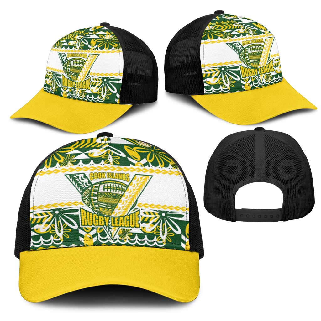 Cook Islands Island Floral Mesh Trucker Cap Green Traditional Kuki's Geometric Pattern LT9 - Polynesian Pride