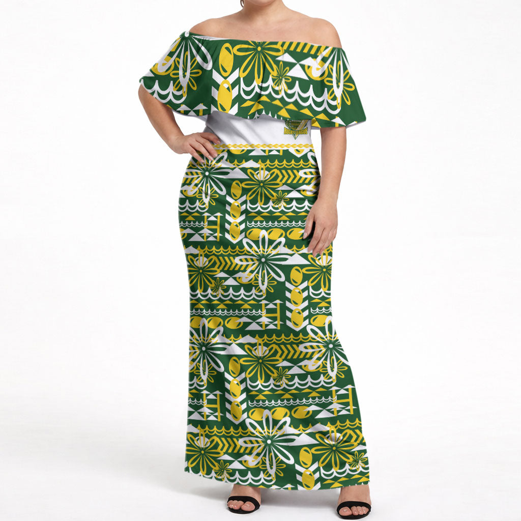 Cook Islands Island Floral Off Shoulder Maxi Dress Green Traditional Kuki's Geometric Pattern LT9 Women Green - Polynesian Pride