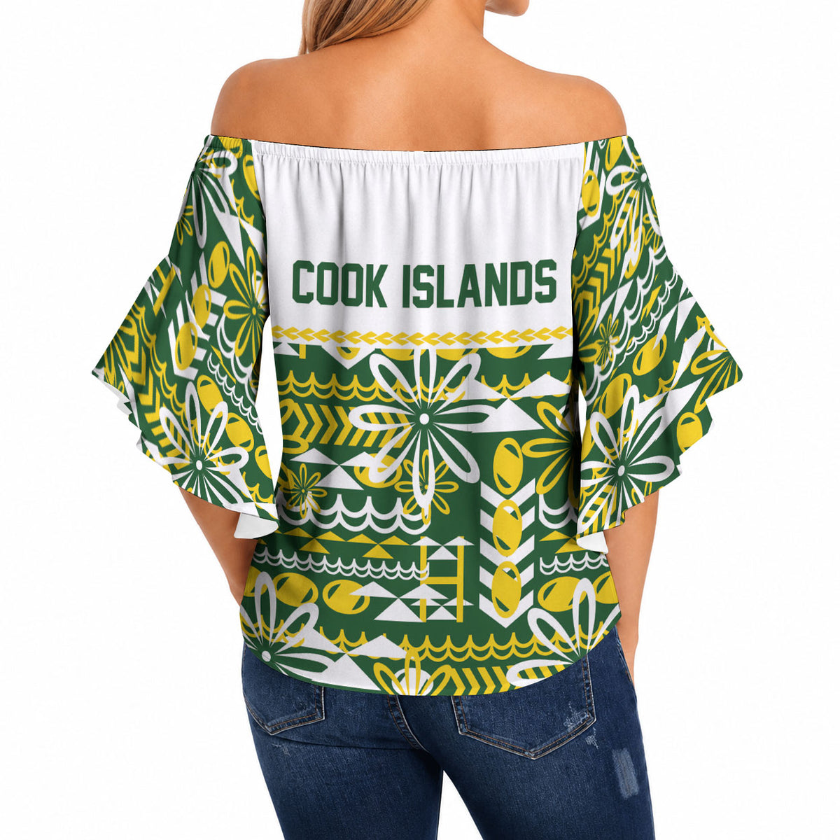 Cook Islands Island Floral Off Shoulder Wrap Waist Top Green Traditional Kuki's Geometric Pattern LT9 - Polynesian Pride