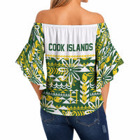 Cook Islands Island Floral Off Shoulder Wrap Waist Top Green Traditional Kuki's Geometric Pattern LT9 - Polynesian Pride