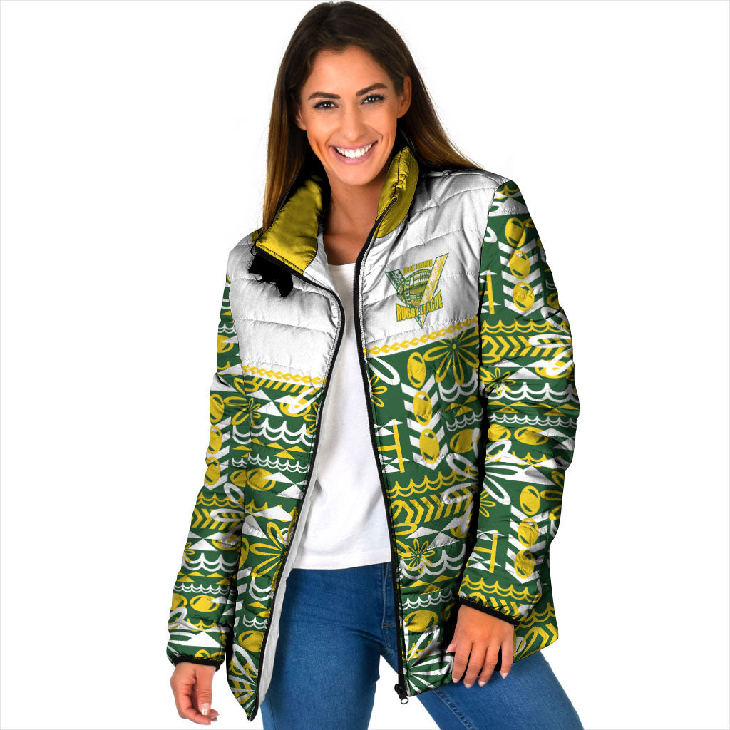 Cook Islands Island Floral Padded Jacket Green Traditional Kuki's Geometric Pattern LT9 Women Green - Polynesian Pride