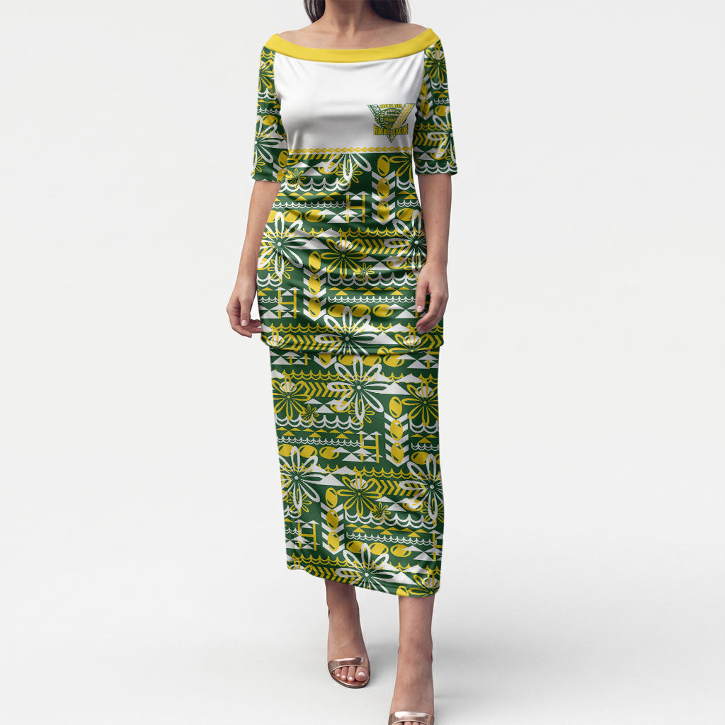 Cook Islands Island Floral Puletasi Green Traditional Kuki's Geometric Pattern LT9 Long Dress Green - Polynesian Pride