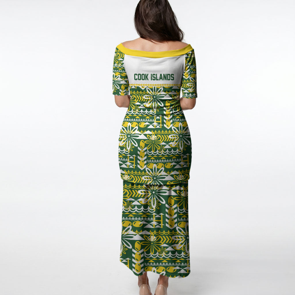 Cook Islands Island Floral Puletasi Green Traditional Kuki's Geometric Pattern LT9 - Polynesian Pride
