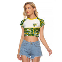 Cook Islands Island Floral Raglan Cropped T Shirt Green Traditional Kuki's Geometric Pattern LT9 Female Green - Polynesian Pride