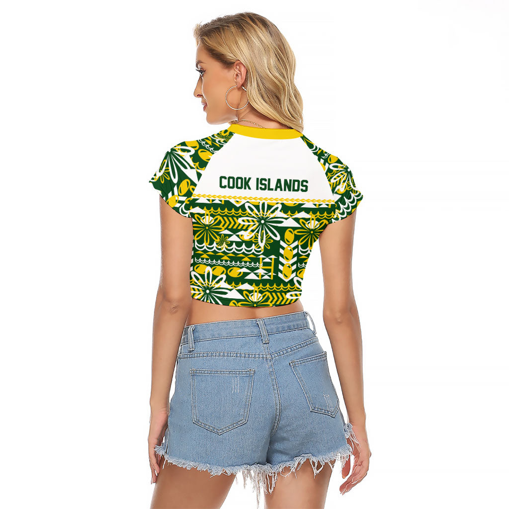 Cook Islands Island Floral Raglan Cropped T Shirt Green Traditional Kuki's Geometric Pattern LT9 - Polynesian Pride