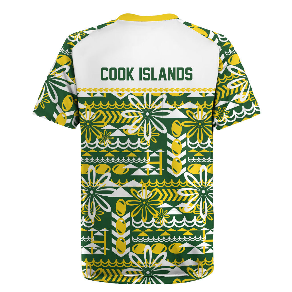 Cook Islands Island Floral Rugby Jersey Green Traditional Kuki's Geometric Pattern LT9 - Polynesian Pride