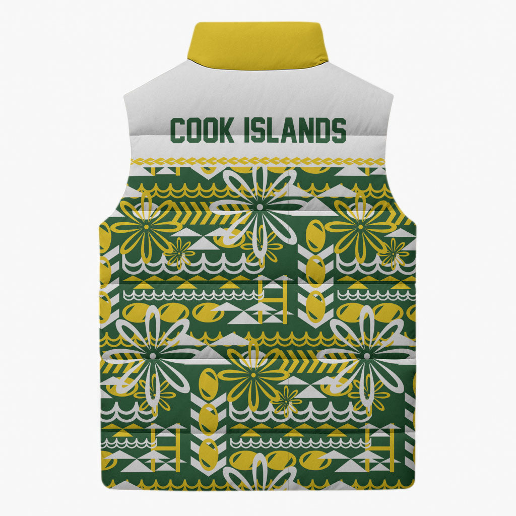 Cook Islands Island Floral Sleeveless Puffer Jacket Green Traditional Kuki's Geometric Pattern LT9 - Polynesian Pride