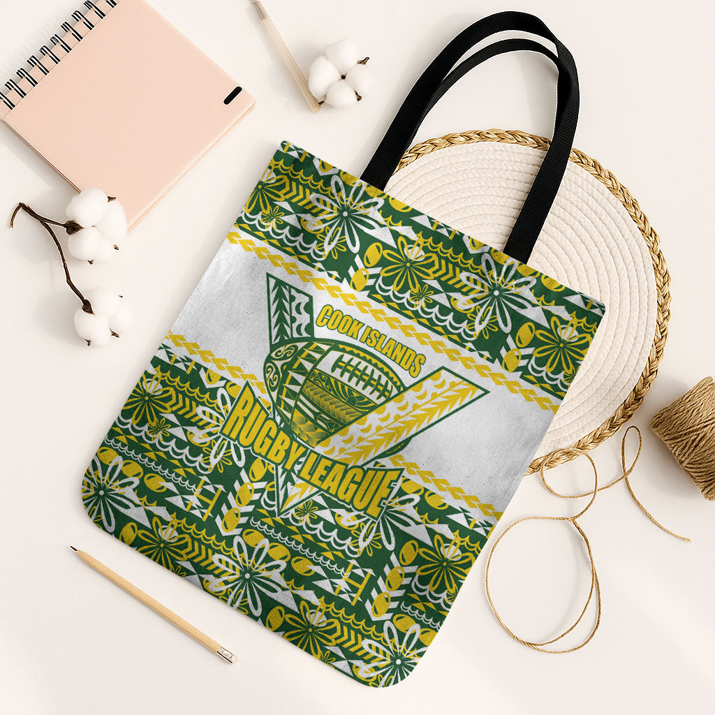 Cook Islands Island Floral Tote Bag Green Traditional Kuki's Geometric Pattern LT9 Black Strap One Size Green - Polynesian Pride
