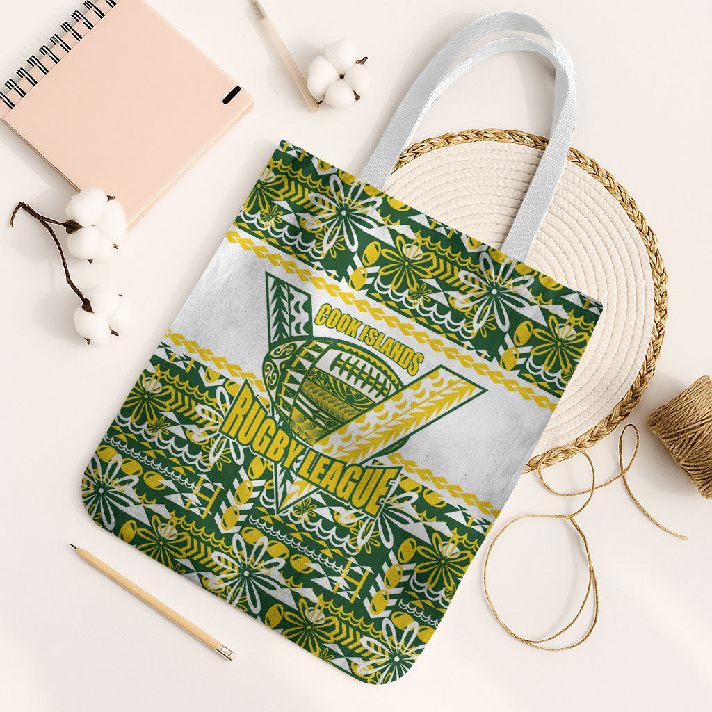 Cook Islands Island Floral Tote Bag Green Traditional Kuki's Geometric Pattern LT9 White Strap One Size Green - Polynesian Pride