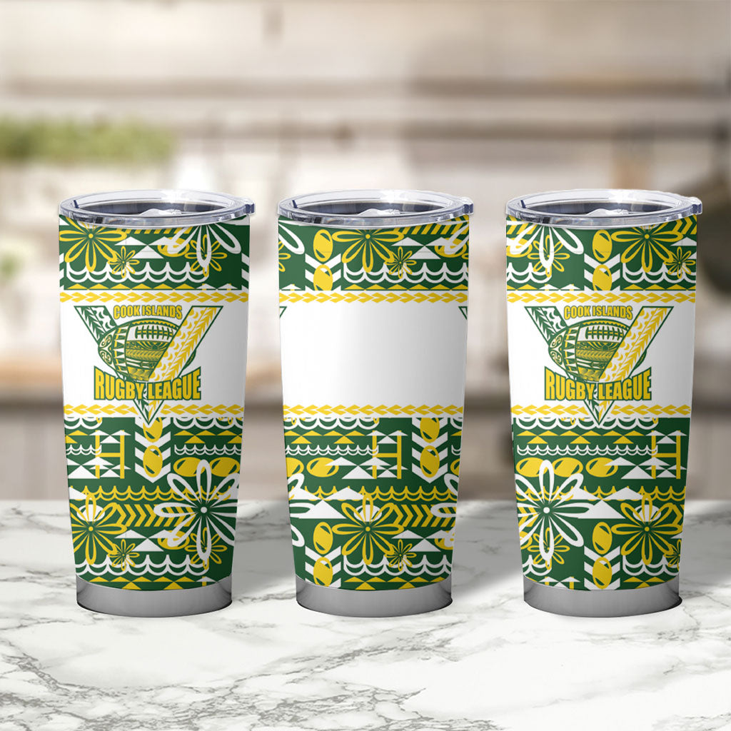 Cook Islands Island Floral Tumbler Cup Green Traditional Kuki's Geometric Pattern LT9 - Polynesian Pride