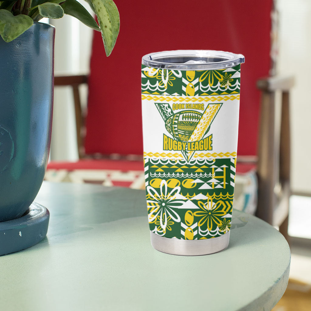 Cook Islands Island Floral Tumbler Cup Green Traditional Kuki's Geometric Pattern LT9 - Polynesian Pride
