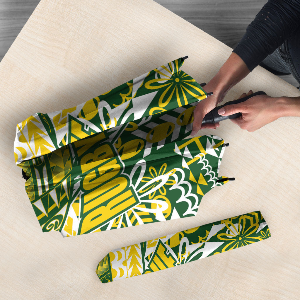 Cook Islands Island Floral Umbrella Green Traditional Kuki's Geometric Pattern LT9 - Polynesian Pride