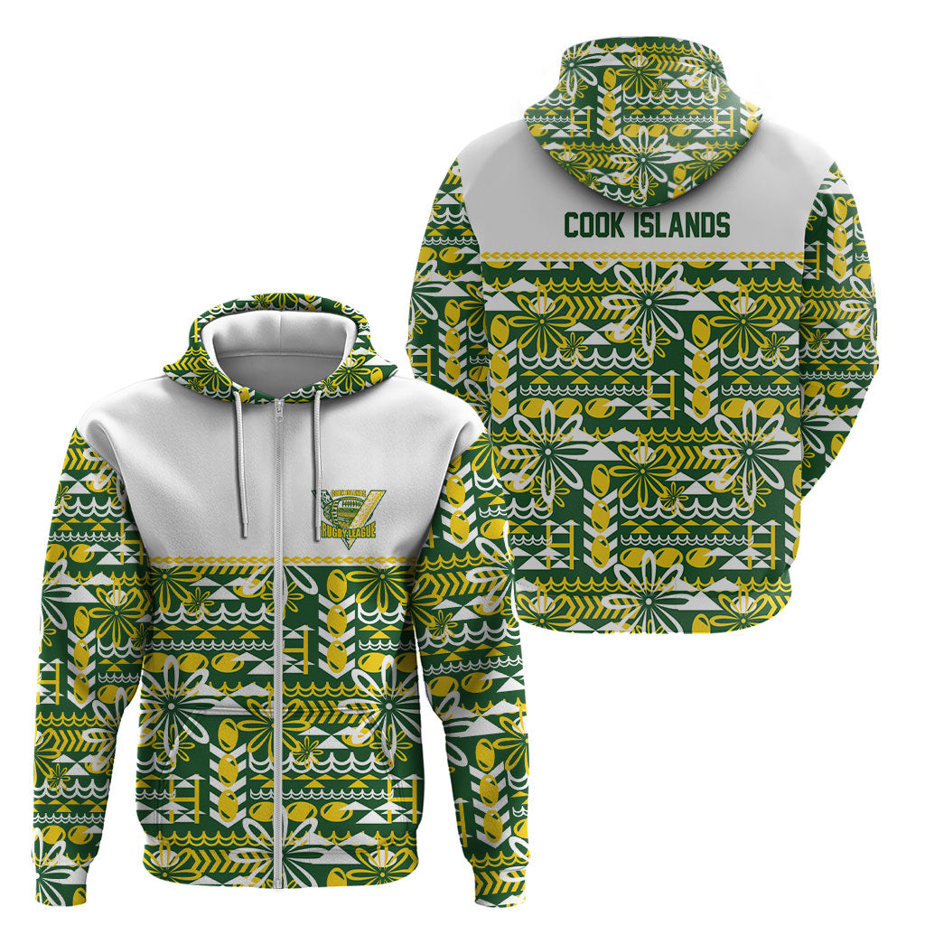 Cook Islands Island Floral Zip Hoodie Green Traditional Kuki's Geometric Pattern LT9 - Polynesian Pride