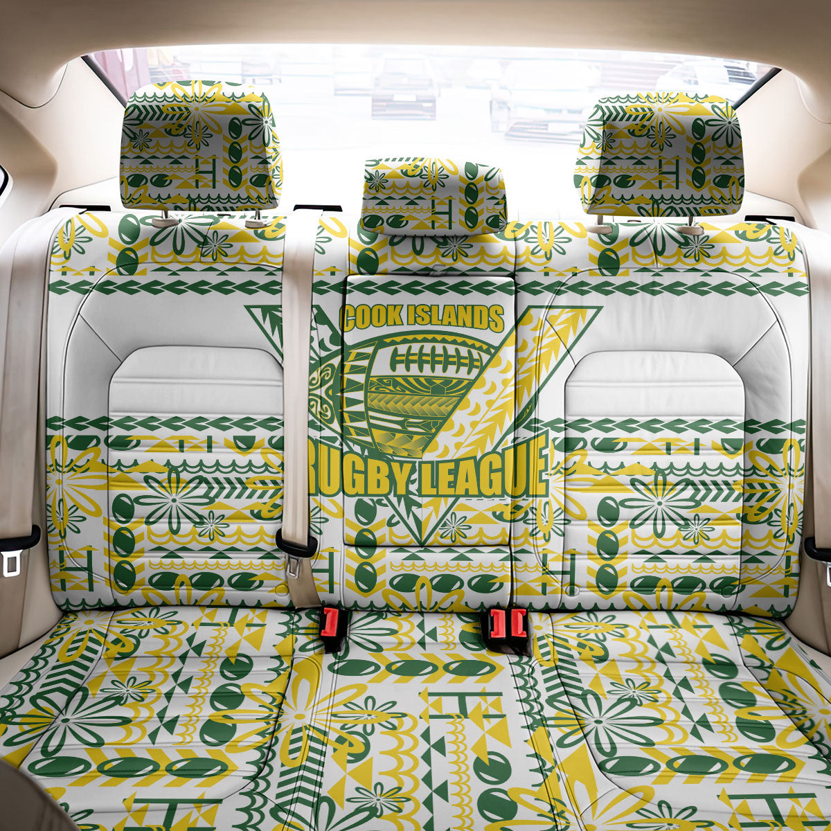 Cook Islands Island Floral Back Car Seat Cover White Traditional Kuki's Geometric Pattern LT9 - Polynesian Pride