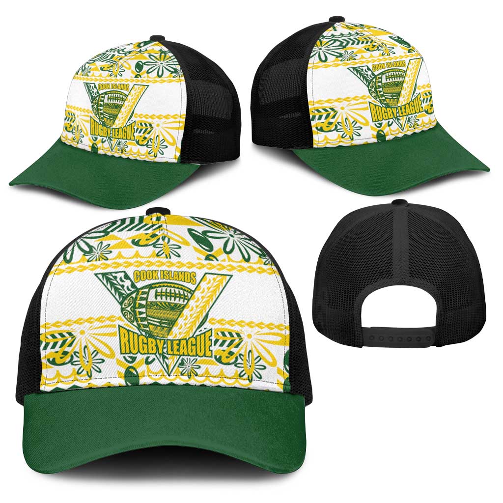 Cook Islands Island Floral Baseball Net Cap White Traditional Kuki's Geometric Pattern