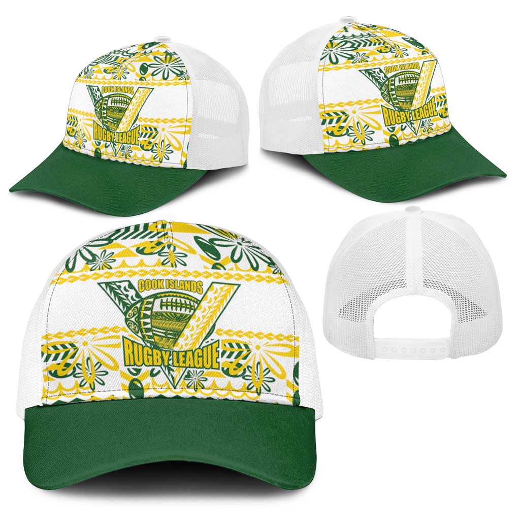 Cook Islands Island Floral Baseball Net Cap White Traditional Kuki's Geometric Pattern