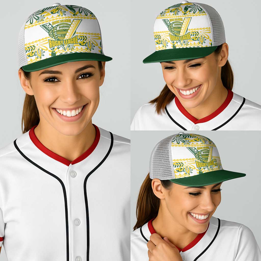 Cook Islands Island Floral Baseball Net Cap White Traditional Kuki's Geometric Pattern