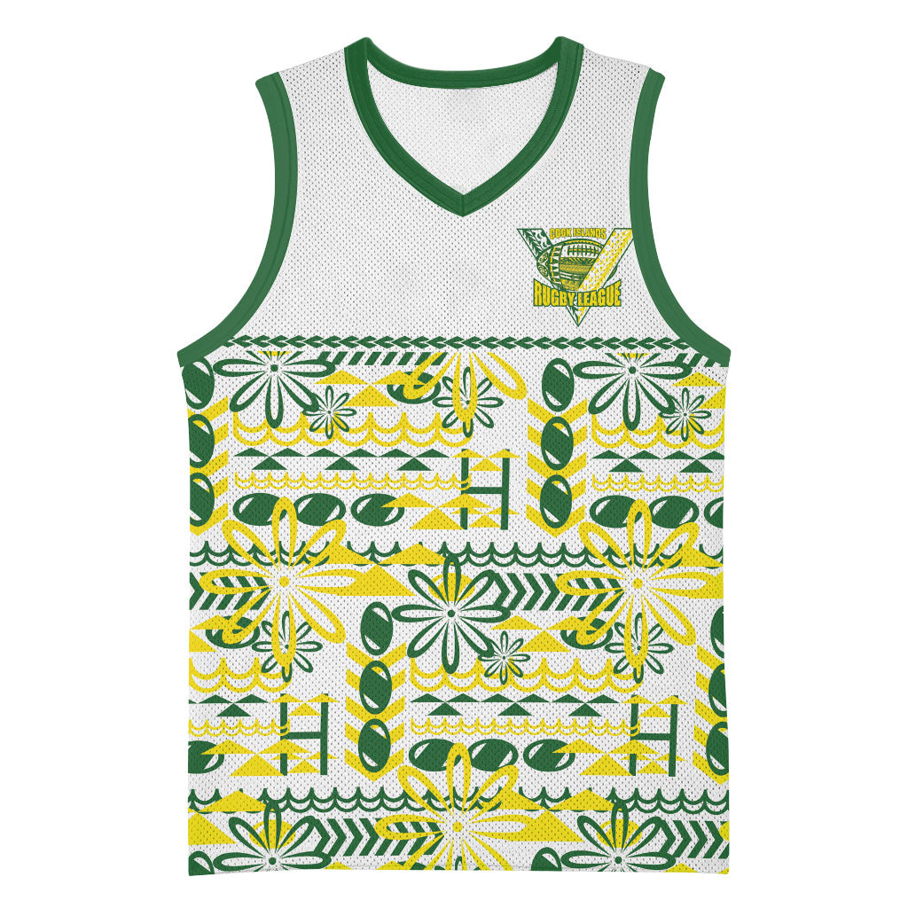 Cook Islands Island Floral Basketball Jersey White Traditional Kuki's Geometric Pattern LT9 Unisex White - Polynesian Pride