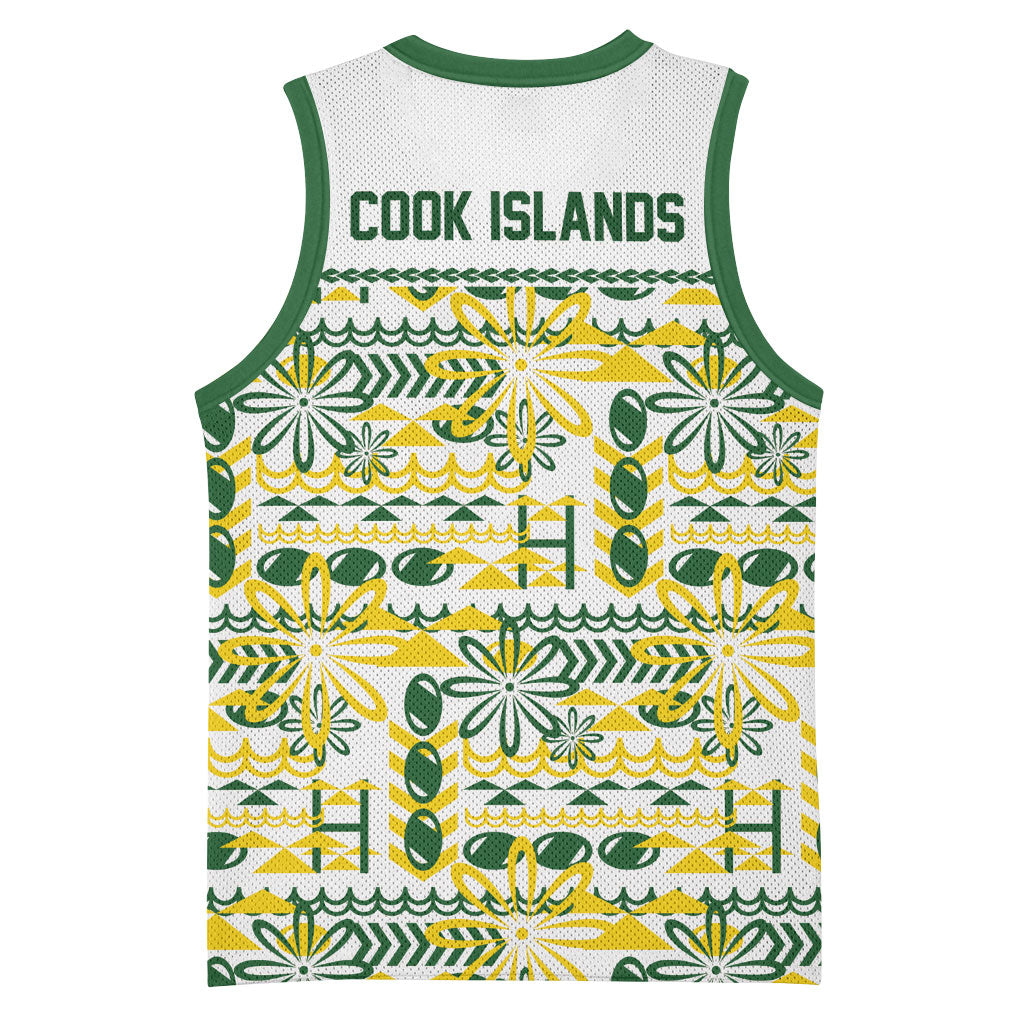 Cook Islands Island Floral Basketball Jersey White Traditional Kuki's Geometric Pattern LT9 - Polynesian Pride