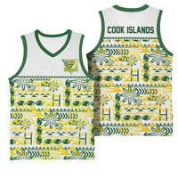 Cook Islands Island Floral Basketball Jersey White Traditional Kuki's Geometric Pattern LT9 - Polynesian Pride