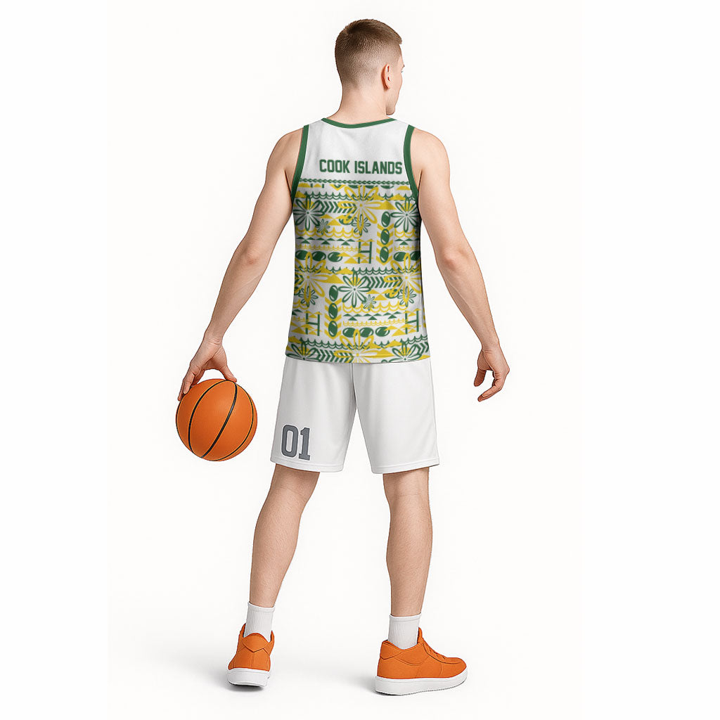 Cook Islands Island Floral Basketball Jersey White Traditional Kuki's Geometric Pattern LT9 - Polynesian Pride