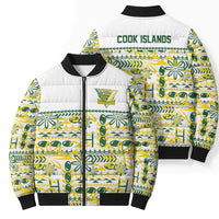 Cook Islands Island Floral Bomber Puffer Jacket White Traditional Kuki's Geometric Pattern LT9 - Polynesian Pride