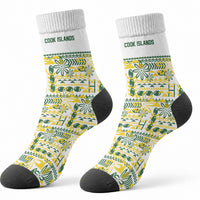 Cook Islands Island Floral Crew Socks White Traditional Kuki's Geometric Pattern LT9 - Polynesian Pride