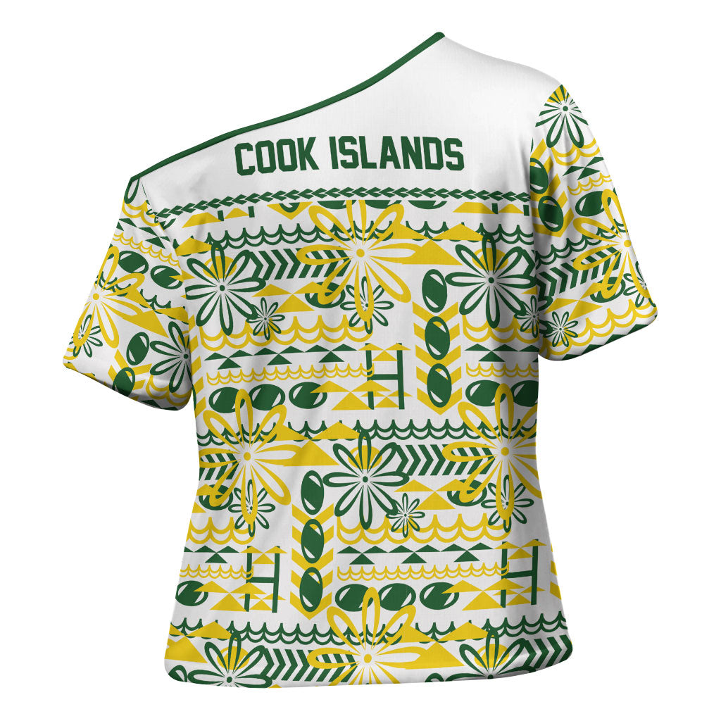 Cook Islands Island Floral Cross Shoulder Shirt White Traditional Kuki's Geometric Pattern LT9 - Polynesian Pride