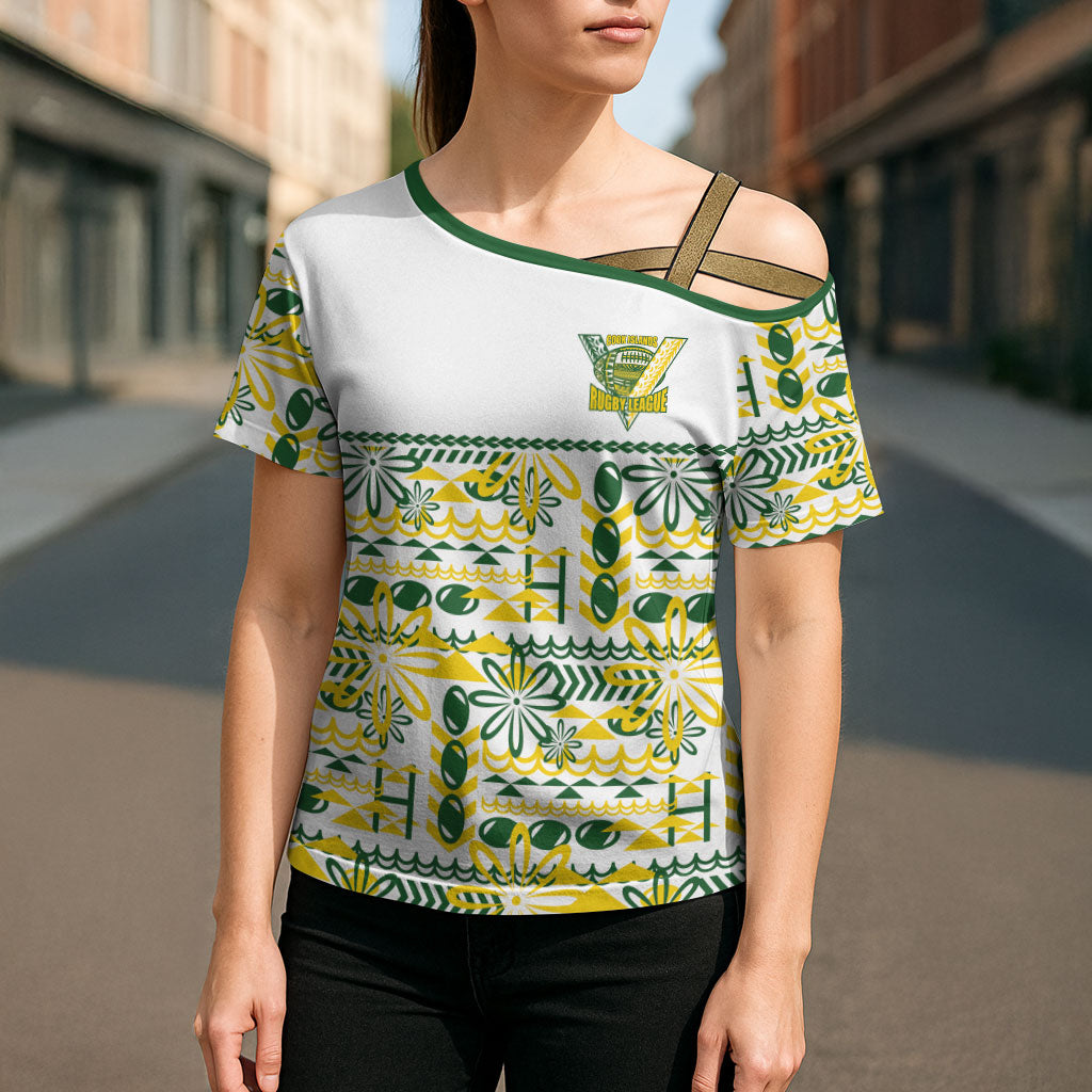 Cook Islands Island Floral Cross Shoulder Shirt White Traditional Kuki's Geometric Pattern LT9 - Polynesian Pride