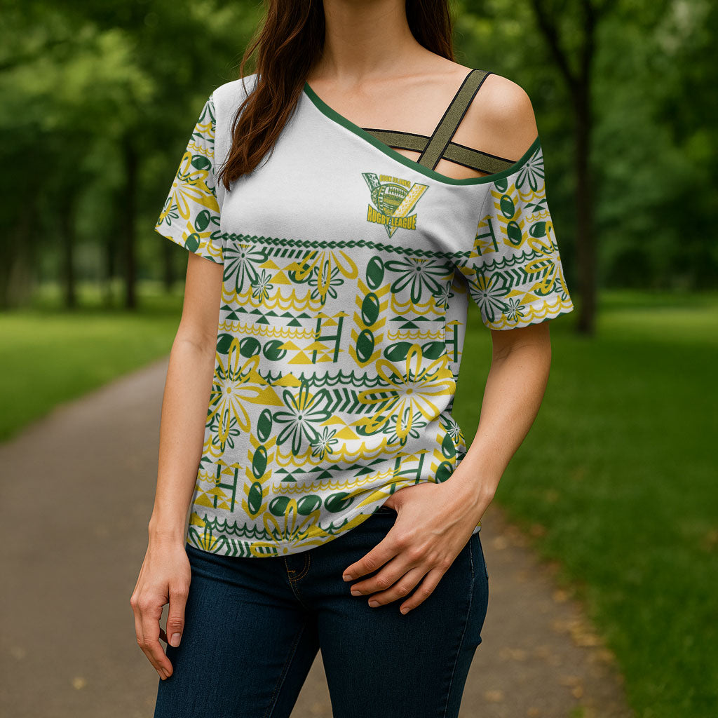Cook Islands Island Floral Cross Shoulder Shirt White Traditional Kuki's Geometric Pattern LT9 - Polynesian Pride