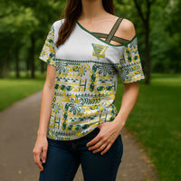 Cook Islands Island Floral Cross Shoulder Shirt White Traditional Kuki's Geometric Pattern LT9 - Polynesian Pride