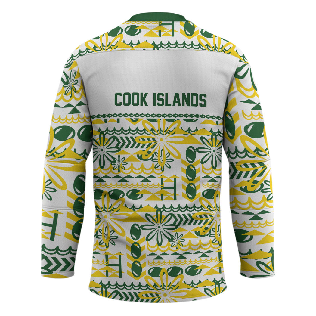 Cook Islands Island Floral Hockey Jersey White Traditional Kuki's Geometric Pattern LT9 - Polynesian Pride