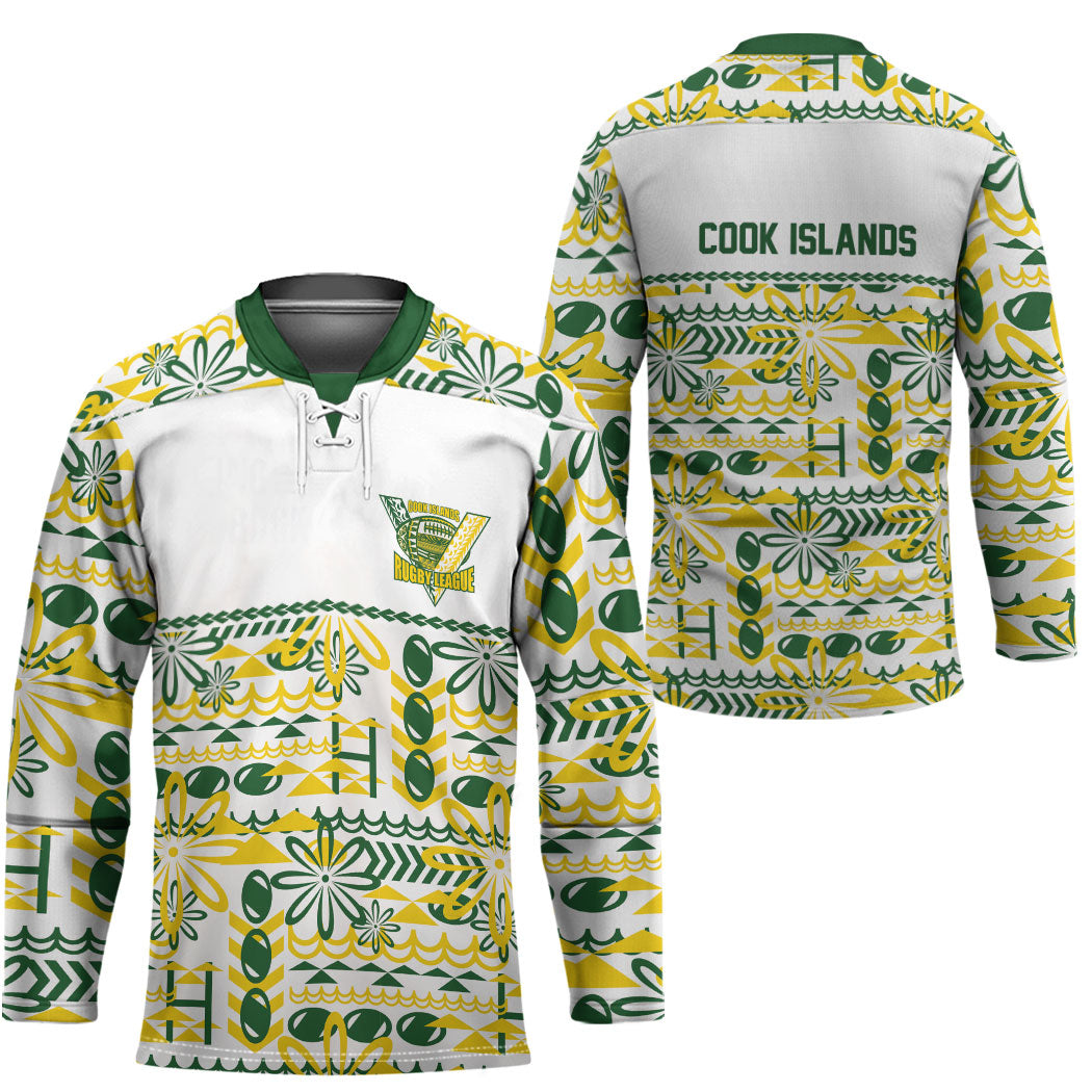 Cook Islands Island Floral Hockey Jersey White Traditional Kuki's Geometric Pattern LT9 - Polynesian Pride