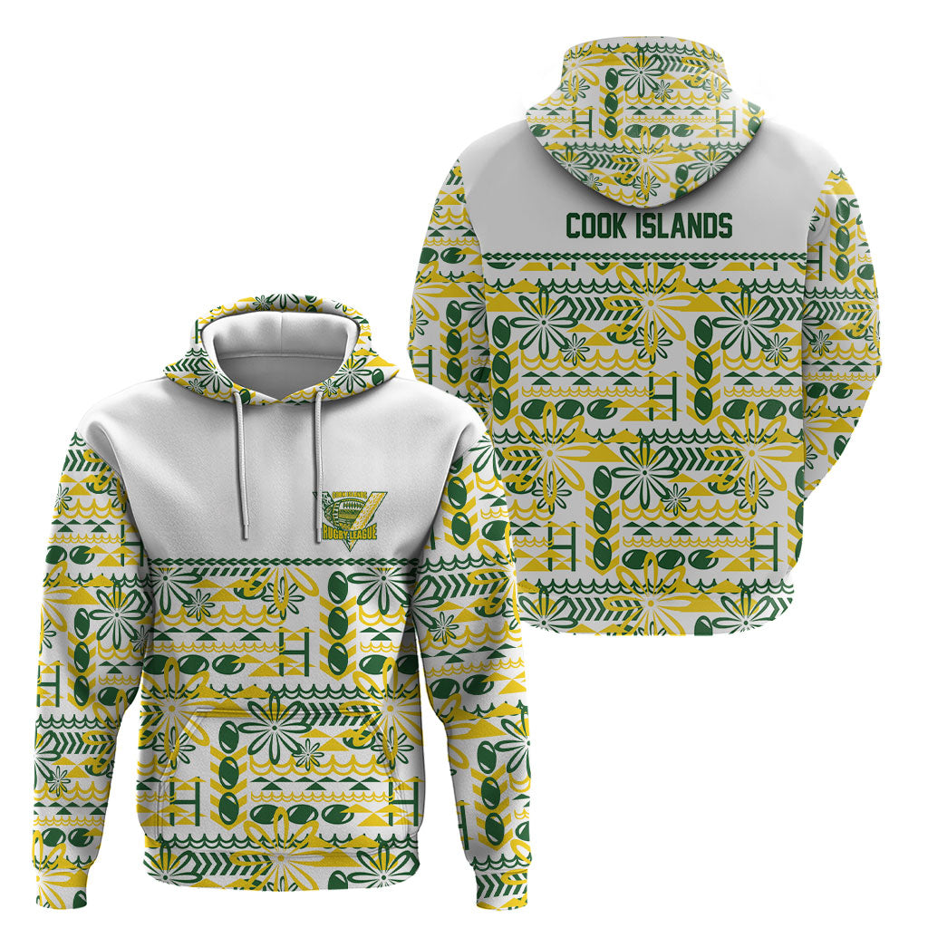Cook Islands Island Floral Hoodie White Traditional Kuki's Geometric Pattern LT9 - Polynesian Pride