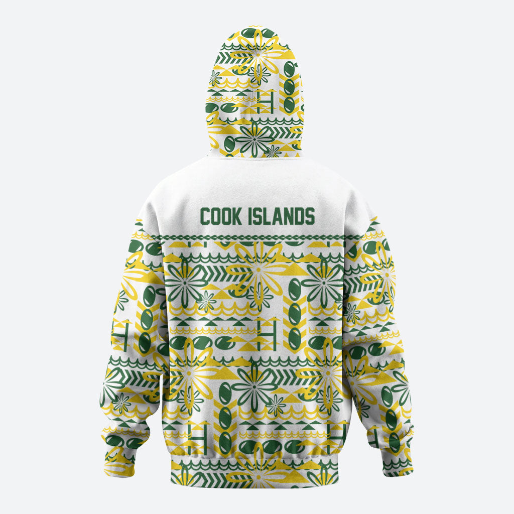 Cook Islands Island Floral Hoodie White Traditional Kuki's Geometric Pattern LT9 - Polynesian Pride