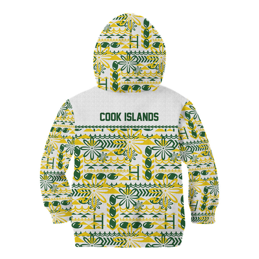 Cook Islands Island Floral Kid Hoodie White Traditional Kuki's Geometric Pattern LT9 - Polynesian Pride