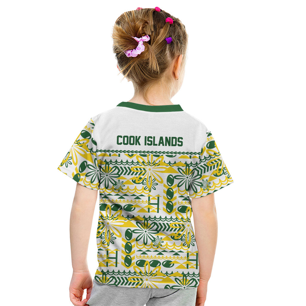 Cook Islands Island Floral Kid T Shirt White Traditional Kuki's Geometric Pattern LT9 - Polynesian Pride