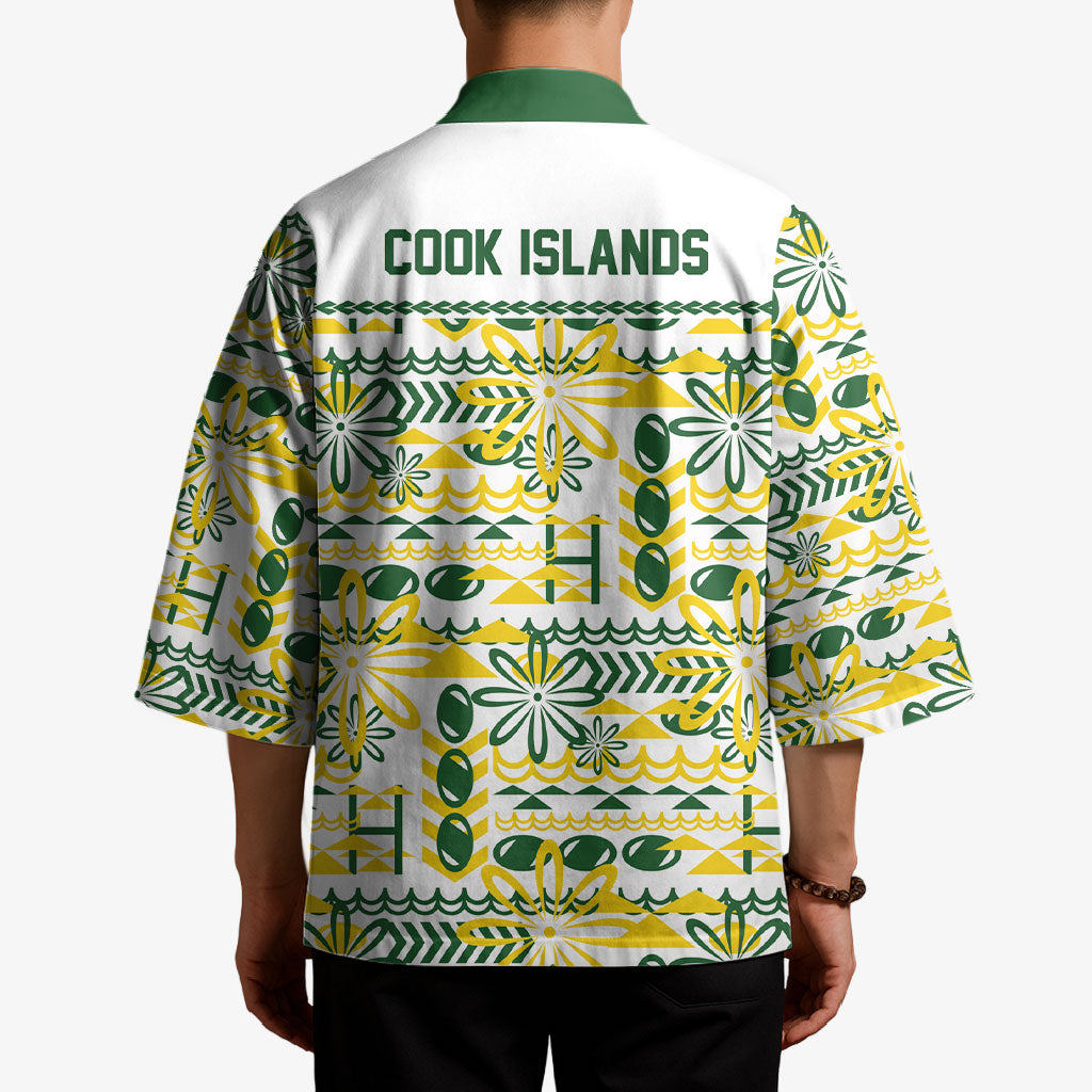 Cook Islands Island Floral Kimono White Traditional Kuki's Geometric Pattern LT9 - Polynesian Pride
