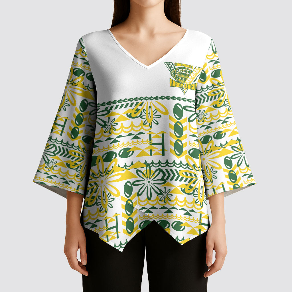 Cook Islands Island Floral Kimono Sleeve Blouse White Traditional Kuki's Geometric Pattern LT9 - Polynesian Pride