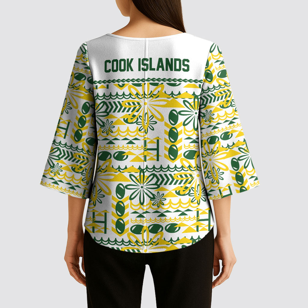 Cook Islands Island Floral Kimono Sleeve Blouse White Traditional Kuki's Geometric Pattern LT9 - Polynesian Pride