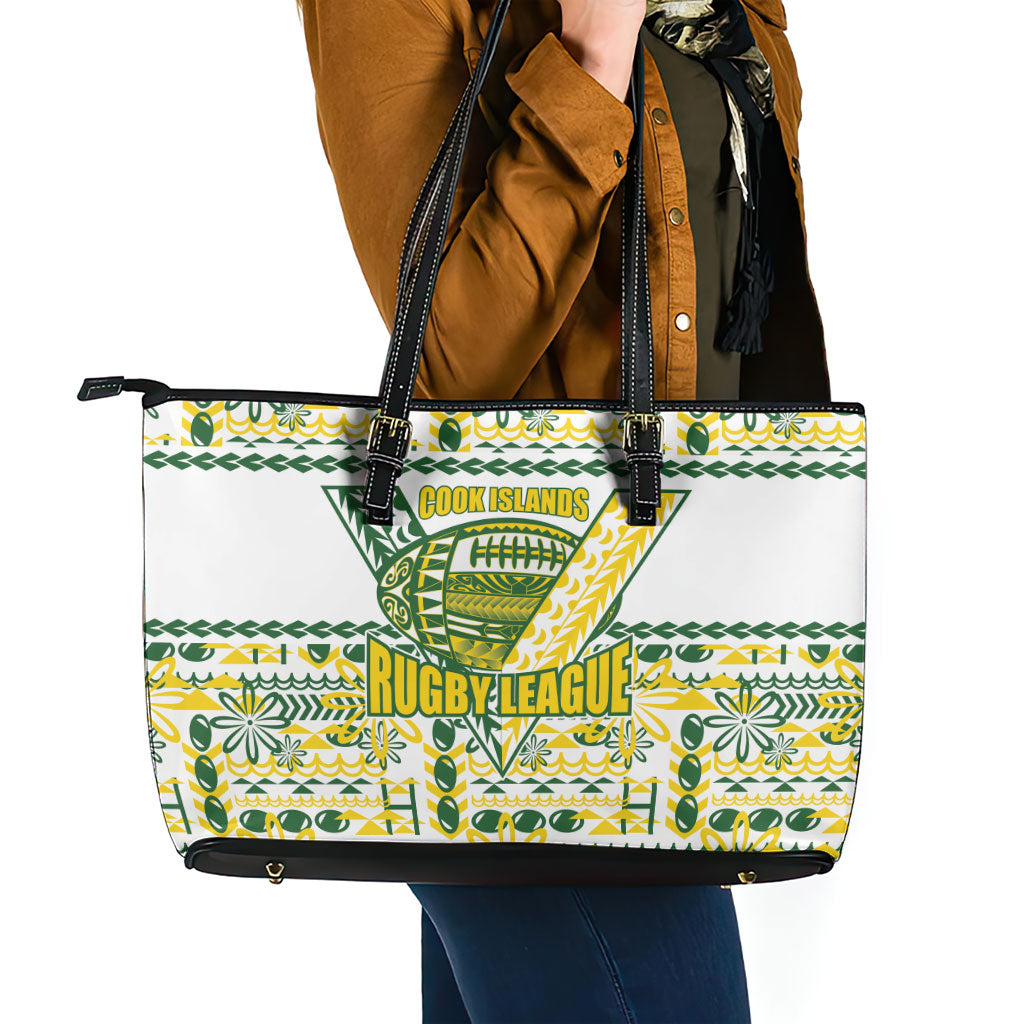 Cook Islands Island Floral Leather Tote Bag White Traditional Kuki's Geometric Pattern LT9 - Polynesian Pride