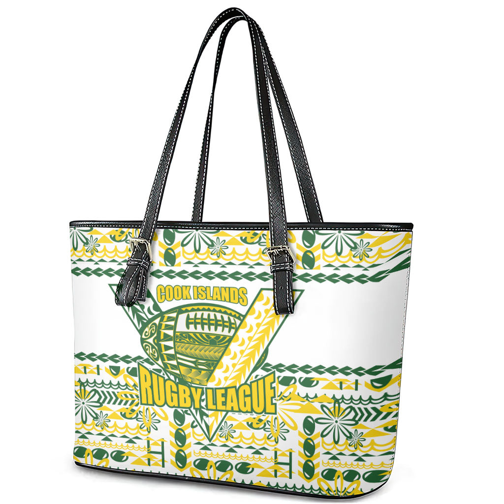 Cook Islands Island Floral Leather Tote Bag White Traditional Kuki's Geometric Pattern LT9 - Polynesian Pride